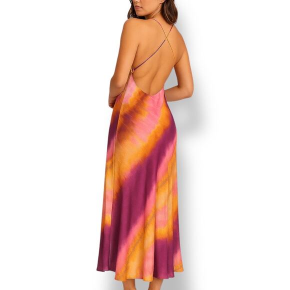 ZARA Pink Orange Criss Cross Open Back Slip Dress Fuchsia Orange Abstract Maxi - Picture 1 of 13